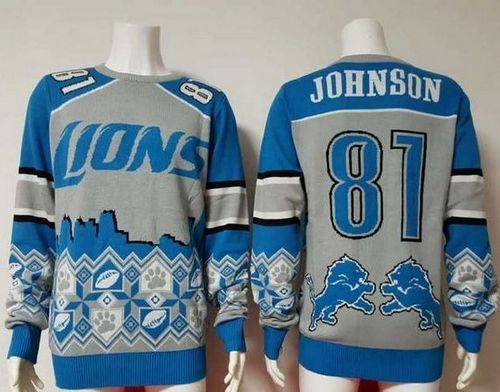 Nike Lions #81 Calvin Johnson Blue/Grey Men's Ugly Sweater